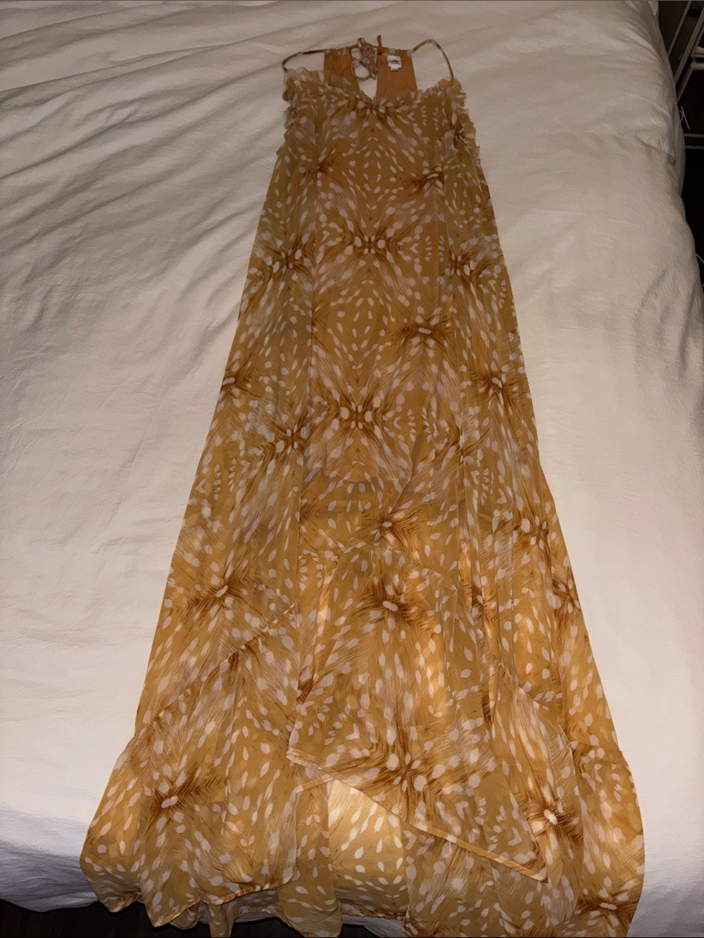 Mustard Printed Spaghetti-Strap Maxi Dress